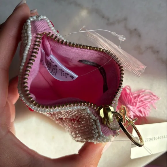 Anthropologie Fiona Beaded Bag Coin Card Charm Rose NWT Pink White - Picture 2 of 4